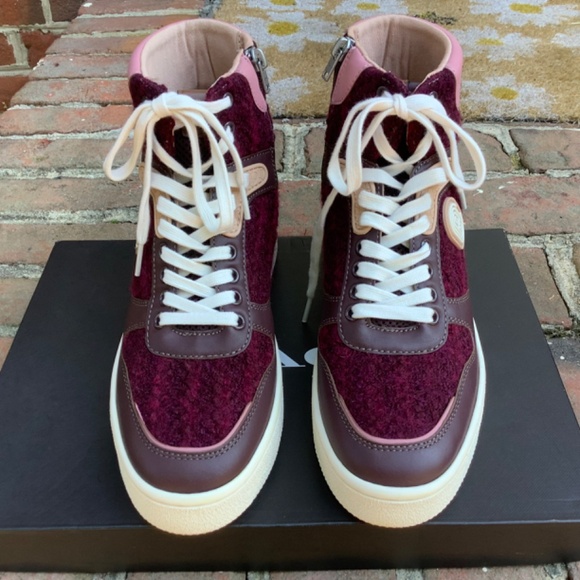 COACH High Top Sneakers C220 Tweed Oxblood/True Pink SZ 9 - Picture 2 of 15